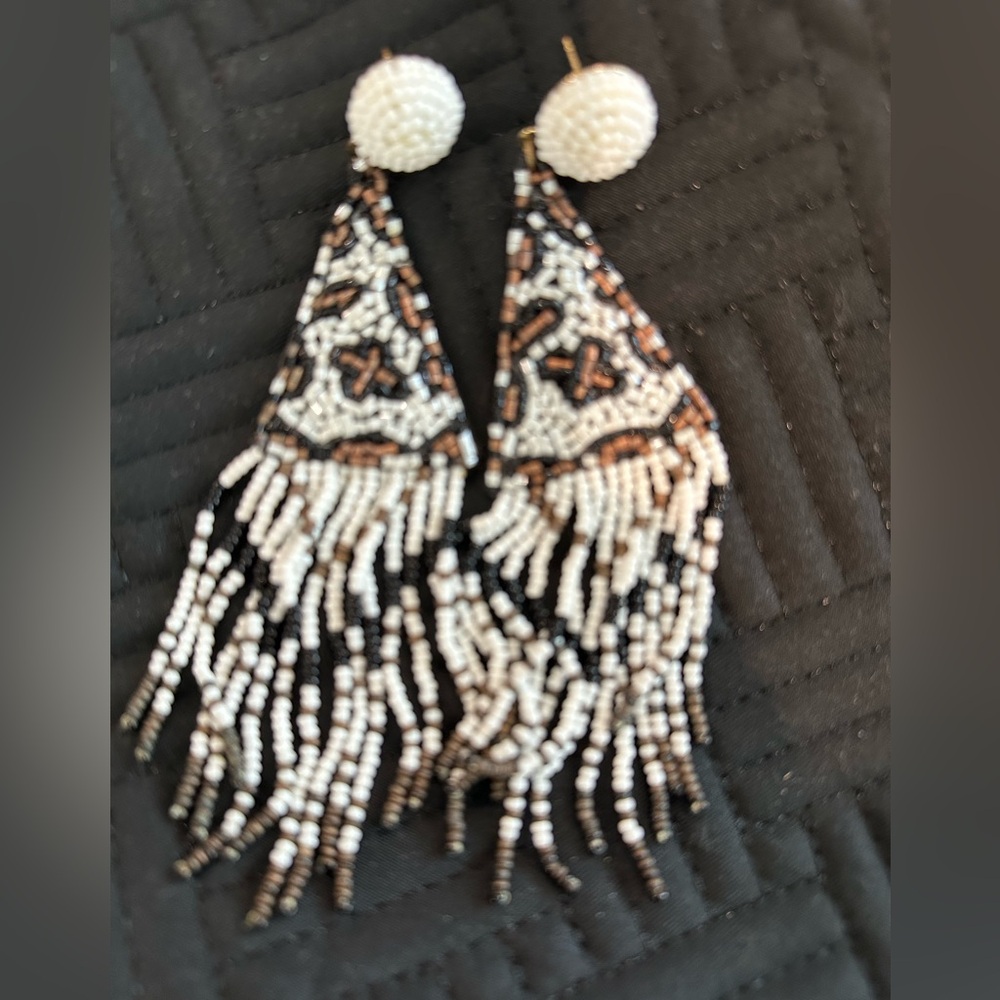 Beaded Fringe Earrings in Black and White